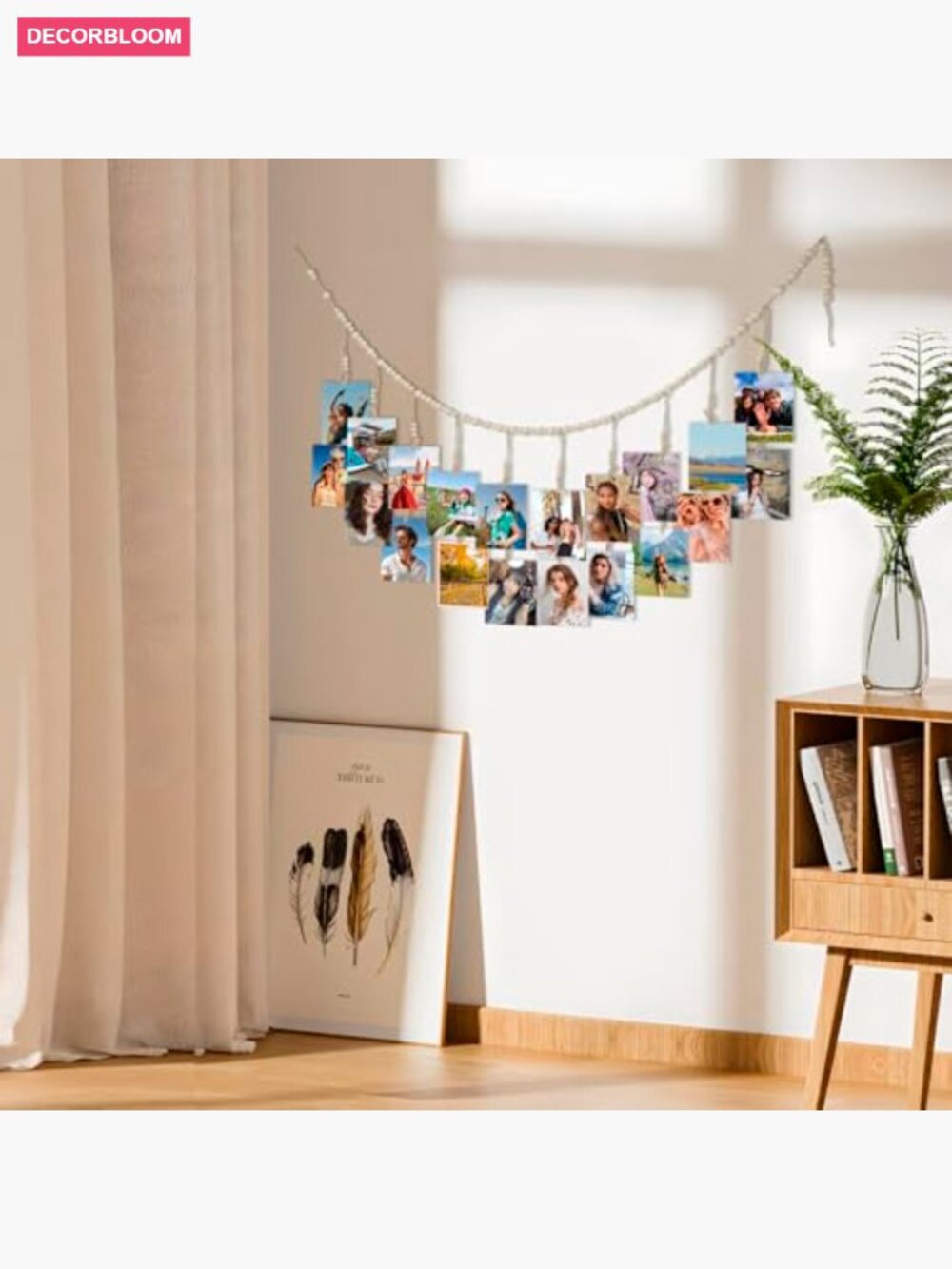 Boho Hanging Photo Display with Clips and String 55 inch - Picture 5 of 6